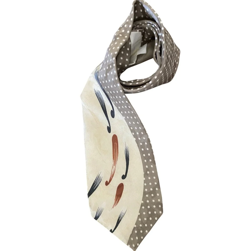 Paul Rodon Couture Men Silk Tie Taupe Polka Dot Abstract Brushstroke Made in USA